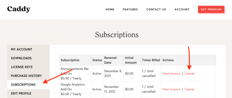 Cancelling your license subscription - Caddy